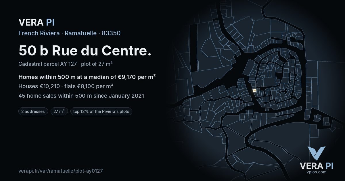 50 b Rue du Centre, Ramatuelle at night – the plot lit, the parcels around coloured by the prices near them