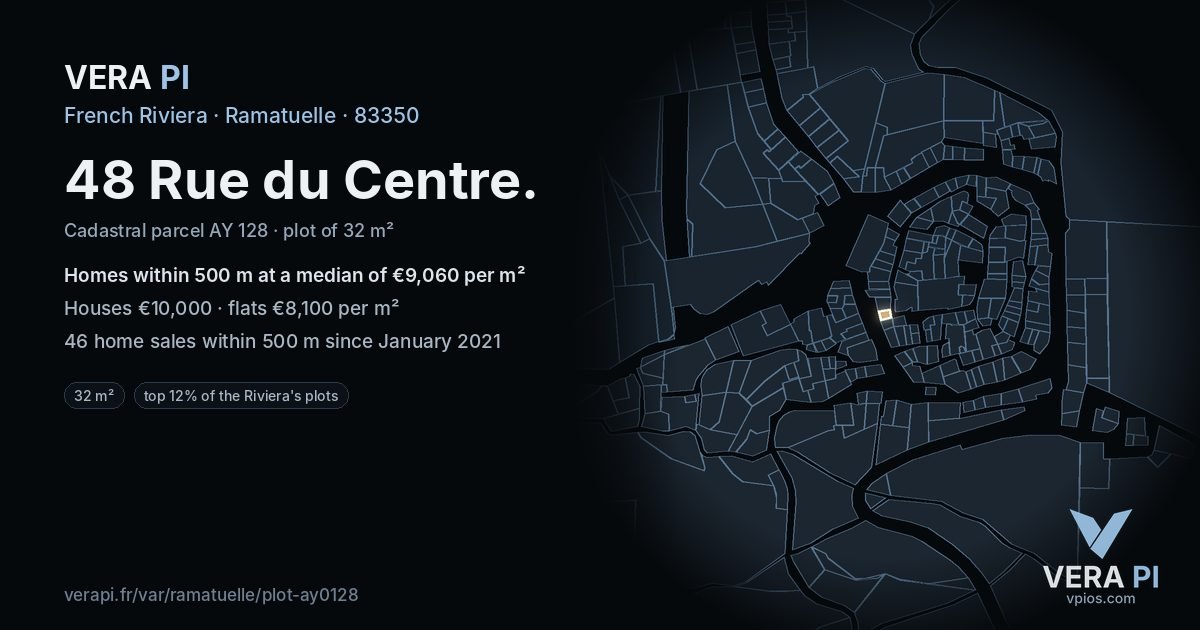 48 Rue du Centre, Ramatuelle at night – the plot lit, the parcels around coloured by the prices near them