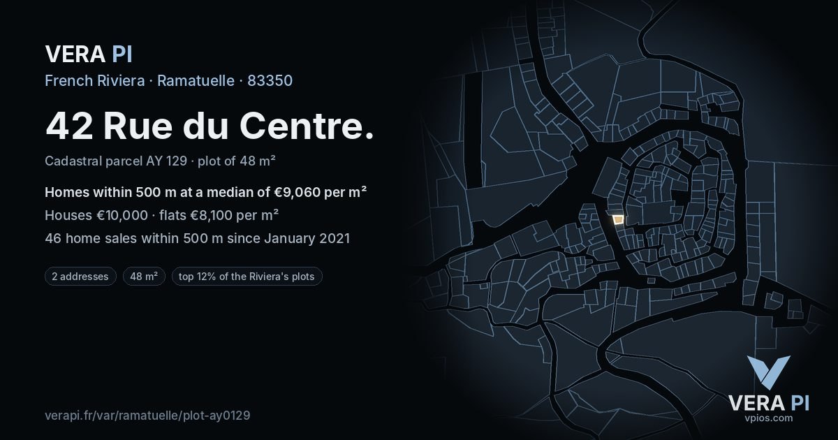 42 Rue du Centre, Ramatuelle at night – the plot lit, the parcels around coloured by the prices near them