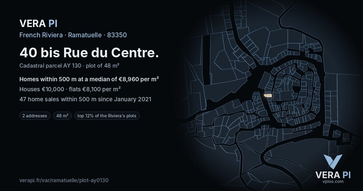 40 bis Rue du Centre, Ramatuelle at night – the plot lit, the parcels around coloured by the prices near them