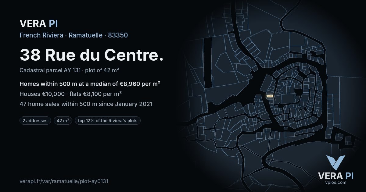 38 Rue du Centre, Ramatuelle at night – the plot lit, the parcels around coloured by the prices near them