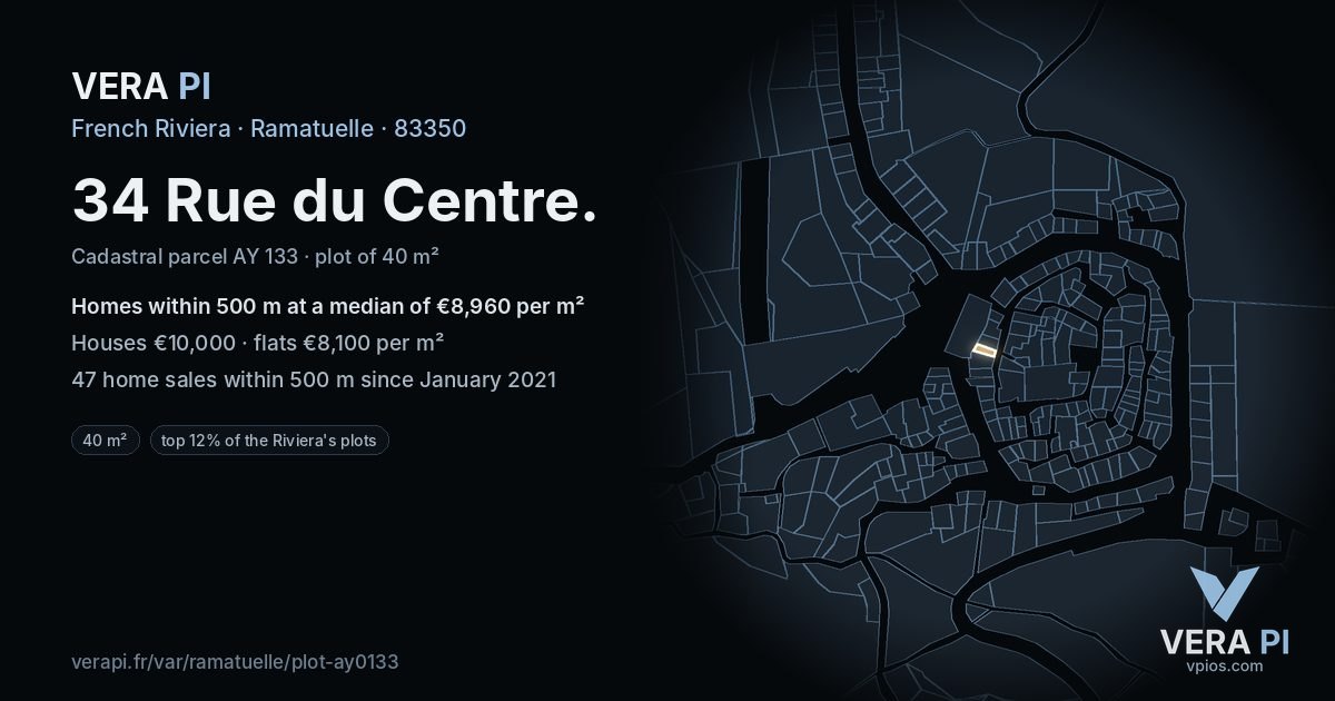 34 Rue du Centre, Ramatuelle at night – the plot lit, the parcels around coloured by the prices near them