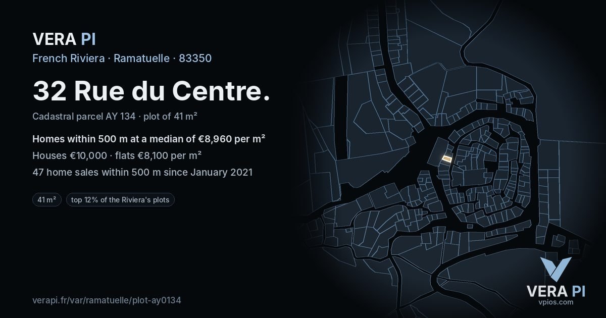 32 Rue du Centre, Ramatuelle at night – the plot lit, the parcels around coloured by the prices near them
