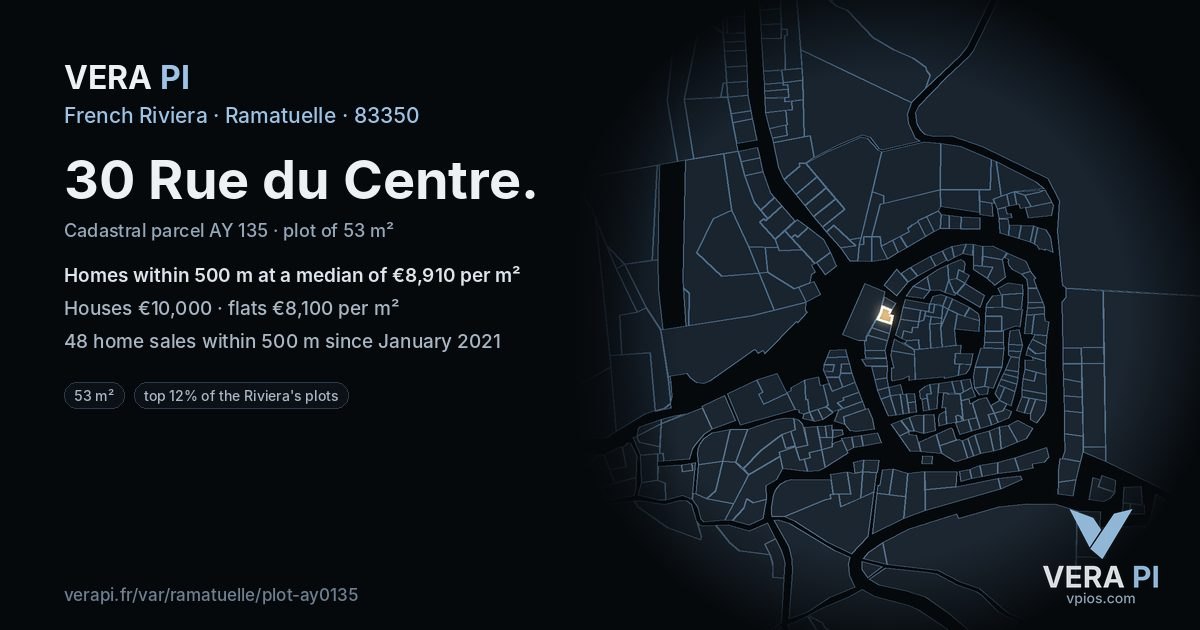 30 Rue du Centre, Ramatuelle at night – the plot lit, the parcels around coloured by the prices near them