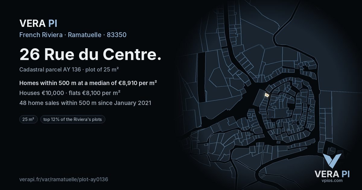 26 Rue du Centre, Ramatuelle at night – the plot lit, the parcels around coloured by the prices near them