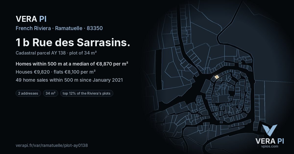 1 b Rue des Sarrasins, Ramatuelle at night – the plot lit, the parcels around coloured by the prices near them