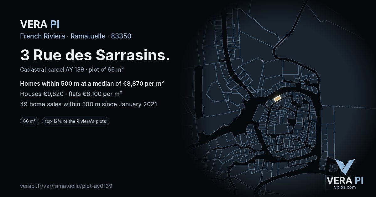 3 Rue des Sarrasins, Ramatuelle at night – the plot lit, the parcels around coloured by the prices near them