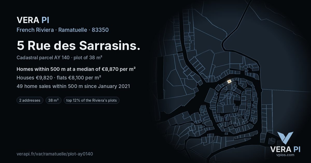 5 Rue des Sarrasins, Ramatuelle at night – the plot lit, the parcels around coloured by the prices near them