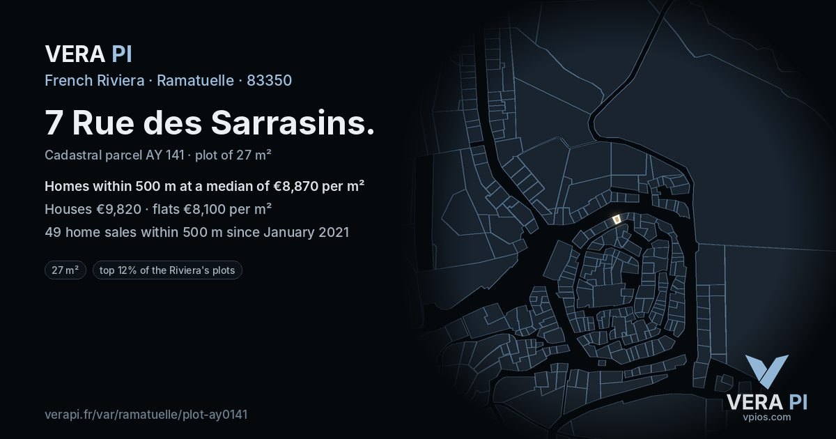 7 Rue des Sarrasins, Ramatuelle at night – the plot lit, the parcels around coloured by the prices near them