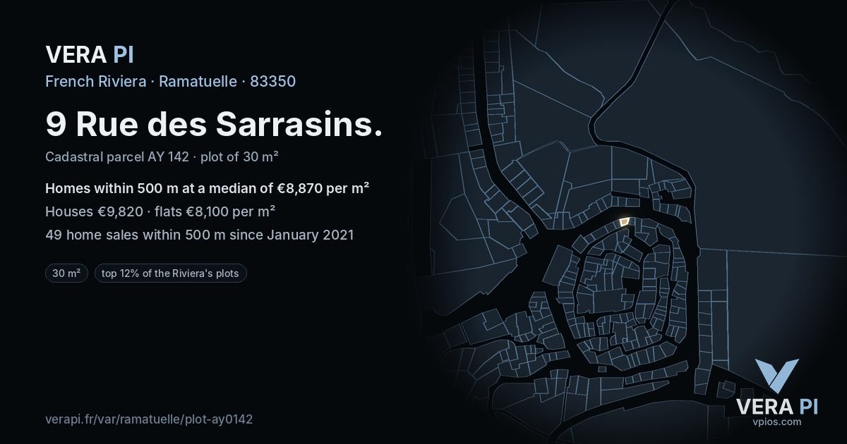 9 Rue des Sarrasins, Ramatuelle at night – the plot lit, the parcels around coloured by the prices near them