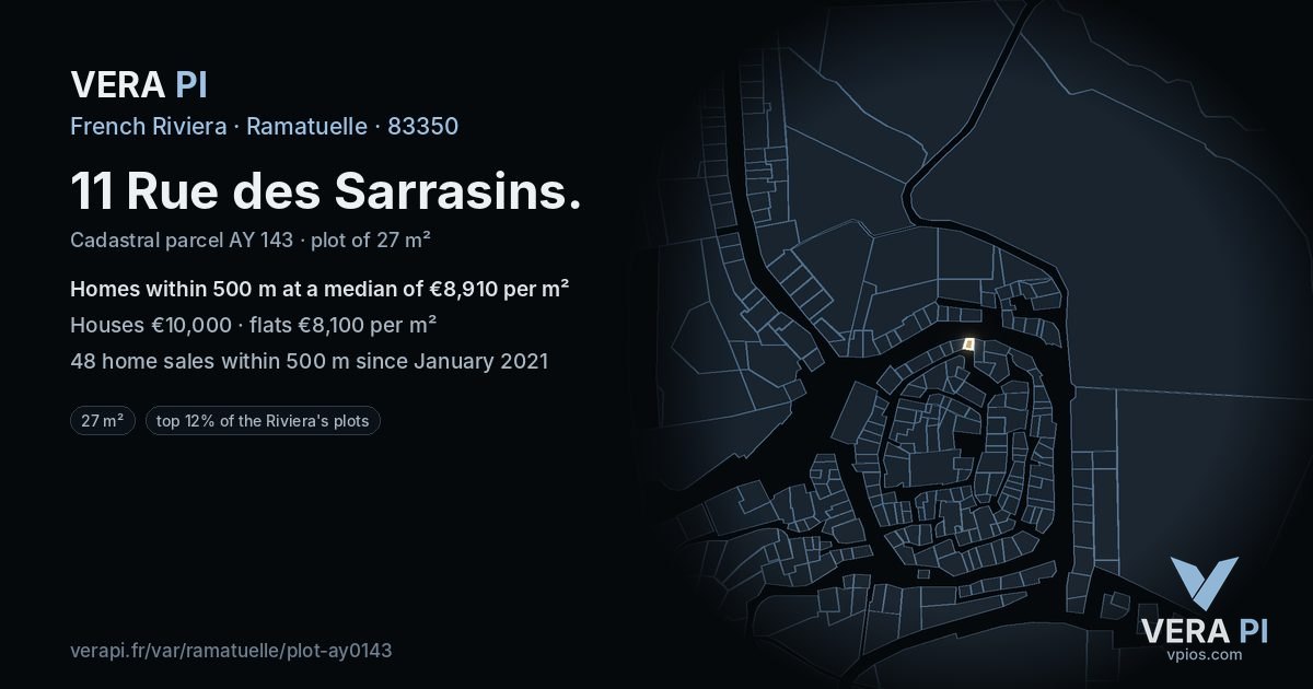 11 Rue des Sarrasins, Ramatuelle at night – the plot lit, the parcels around coloured by the prices near them