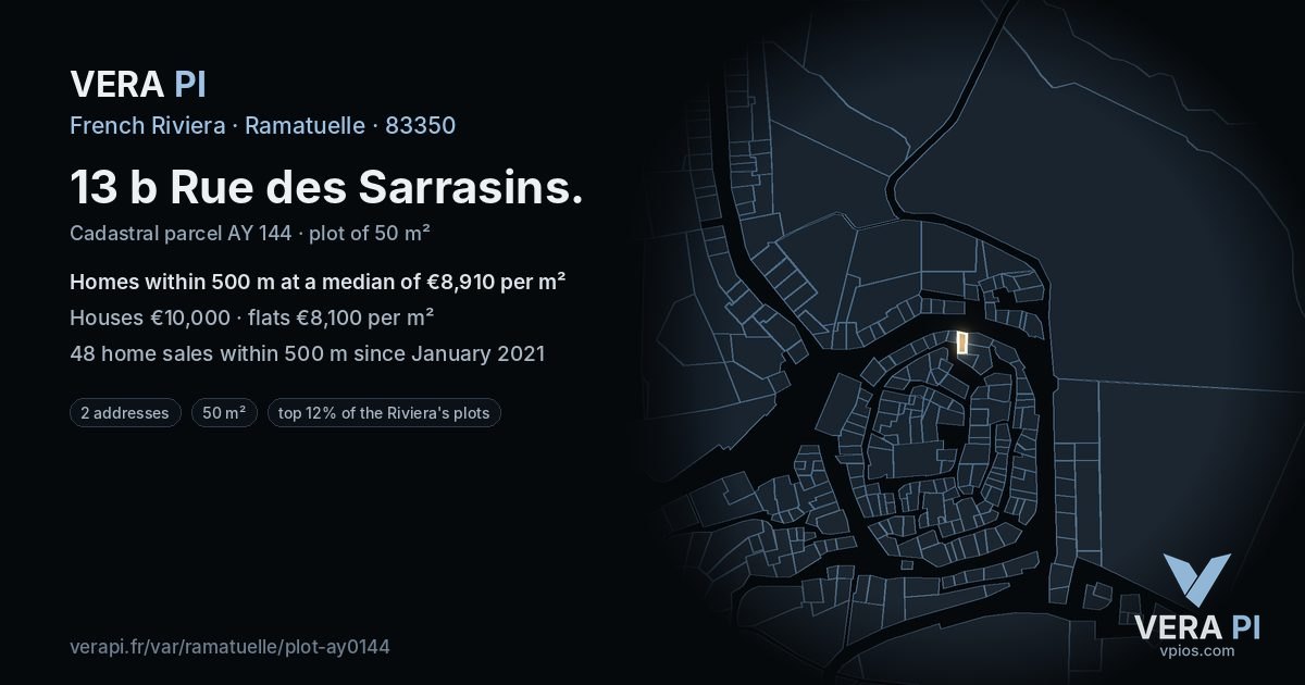 13 b Rue des Sarrasins, Ramatuelle at night – the plot lit, the parcels around coloured by the prices near them