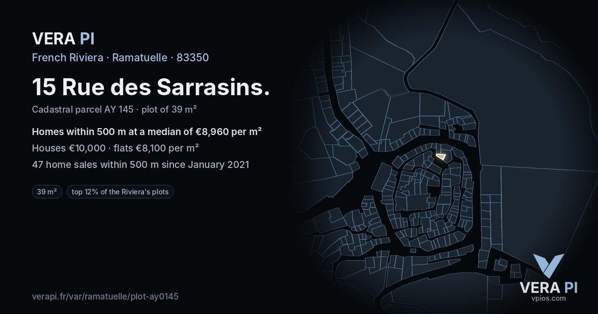 15 Rue des Sarrasins, Ramatuelle at night – the plot lit, the parcels around coloured by the prices near them