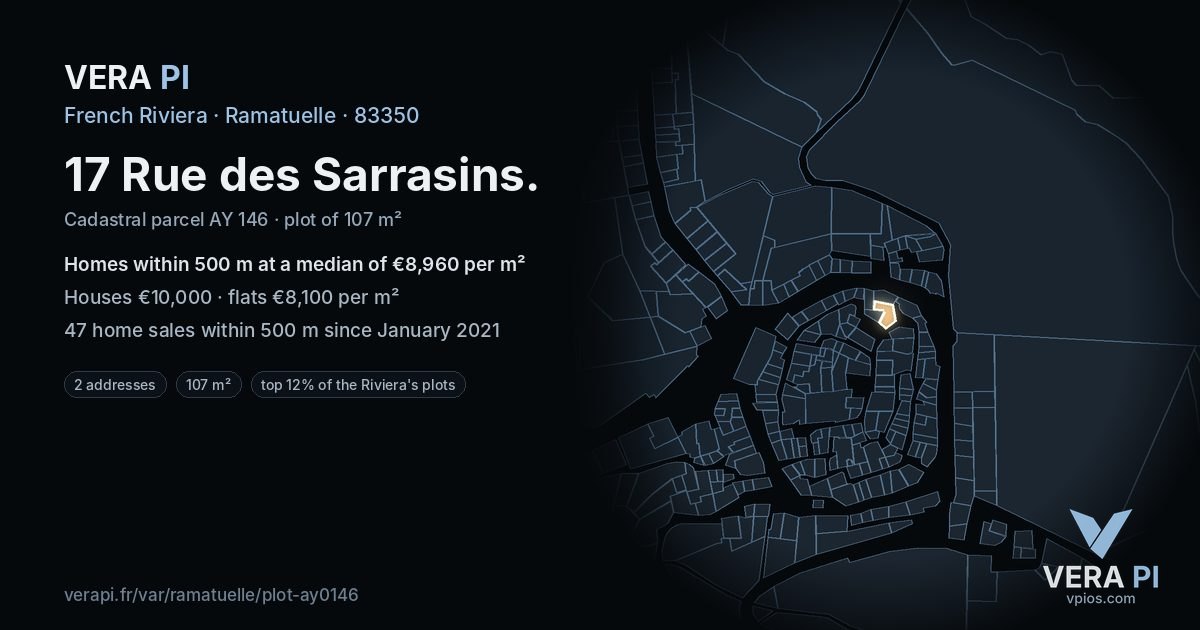 17 Rue des Sarrasins, Ramatuelle at night – the plot lit, the parcels around coloured by the prices near them