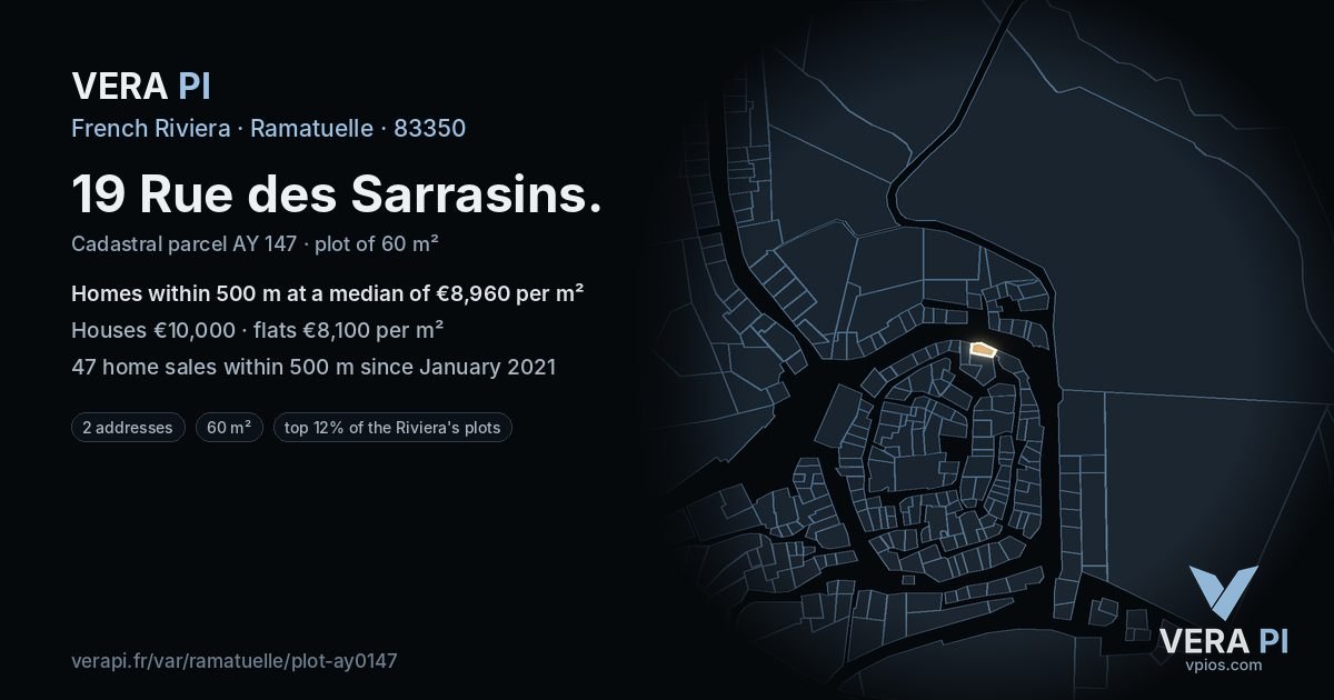 19 Rue des Sarrasins, Ramatuelle at night – the plot lit, the parcels around coloured by the prices near them
