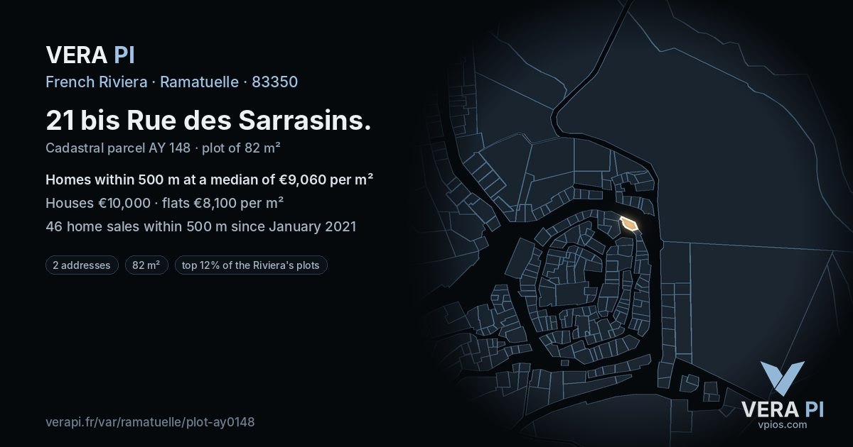 21 bis Rue des Sarrasins, Ramatuelle at night – the plot lit, the parcels around coloured by the prices near them