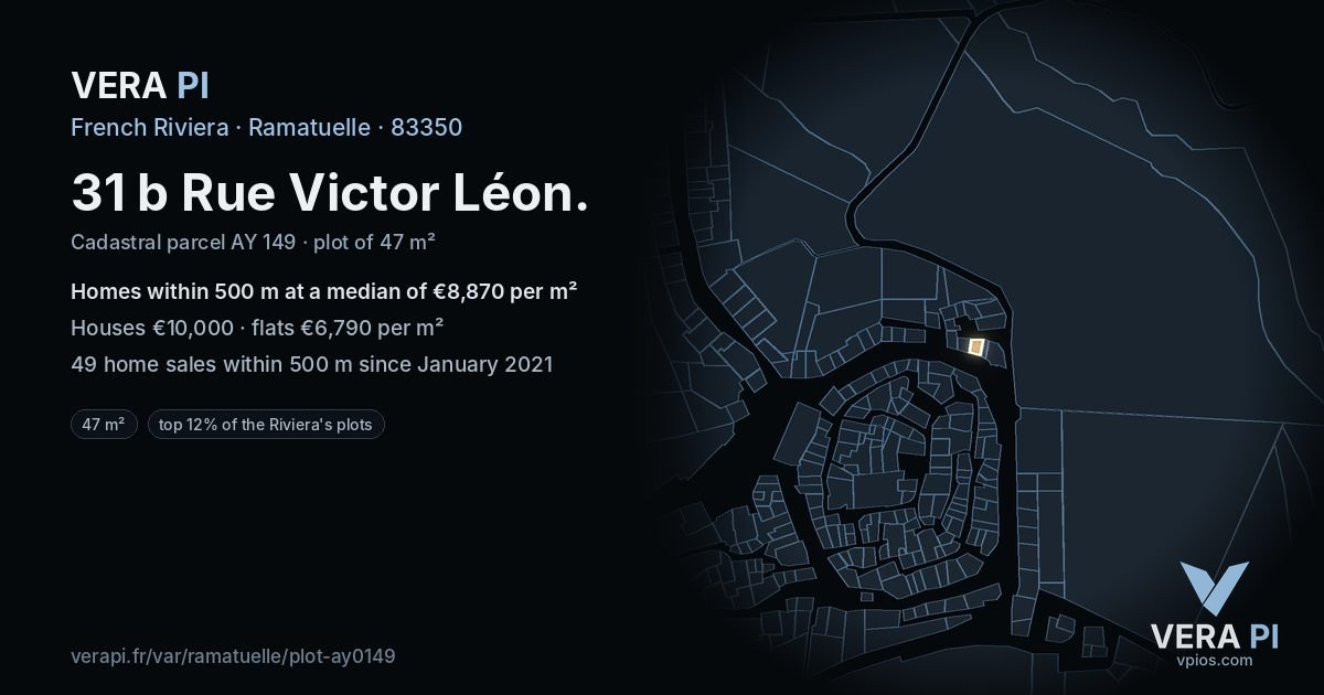31 b Rue Victor Léon, Ramatuelle at night – the plot lit, the parcels around coloured by the prices near them