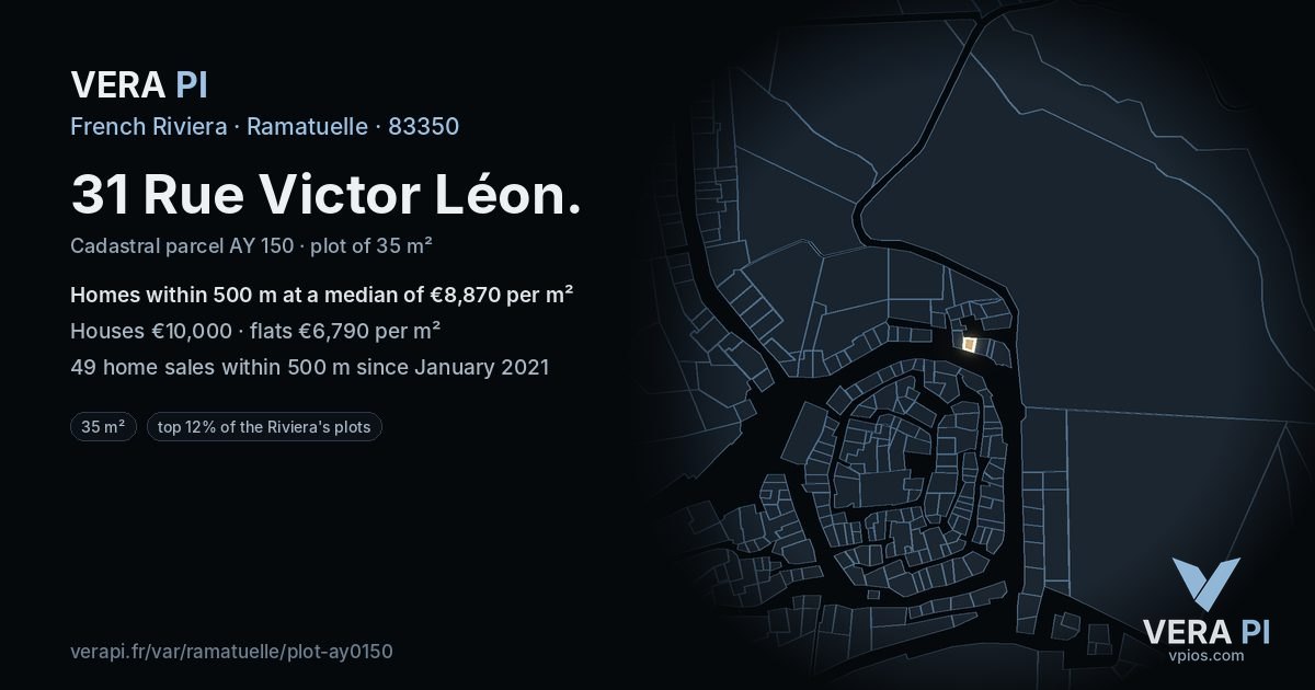 31 Rue Victor Léon, Ramatuelle at night – the plot lit, the parcels around coloured by the prices near them