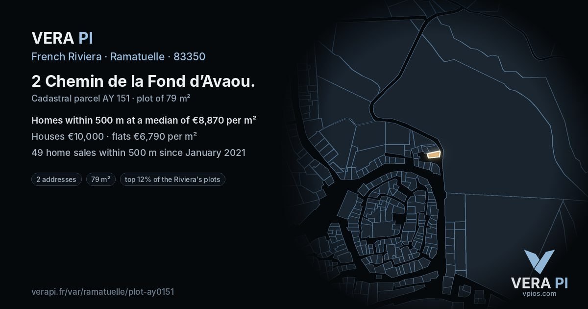 2 Chemin de la Fond d’Avaou, Ramatuelle at night – the plot lit, the parcels around coloured by the prices near them