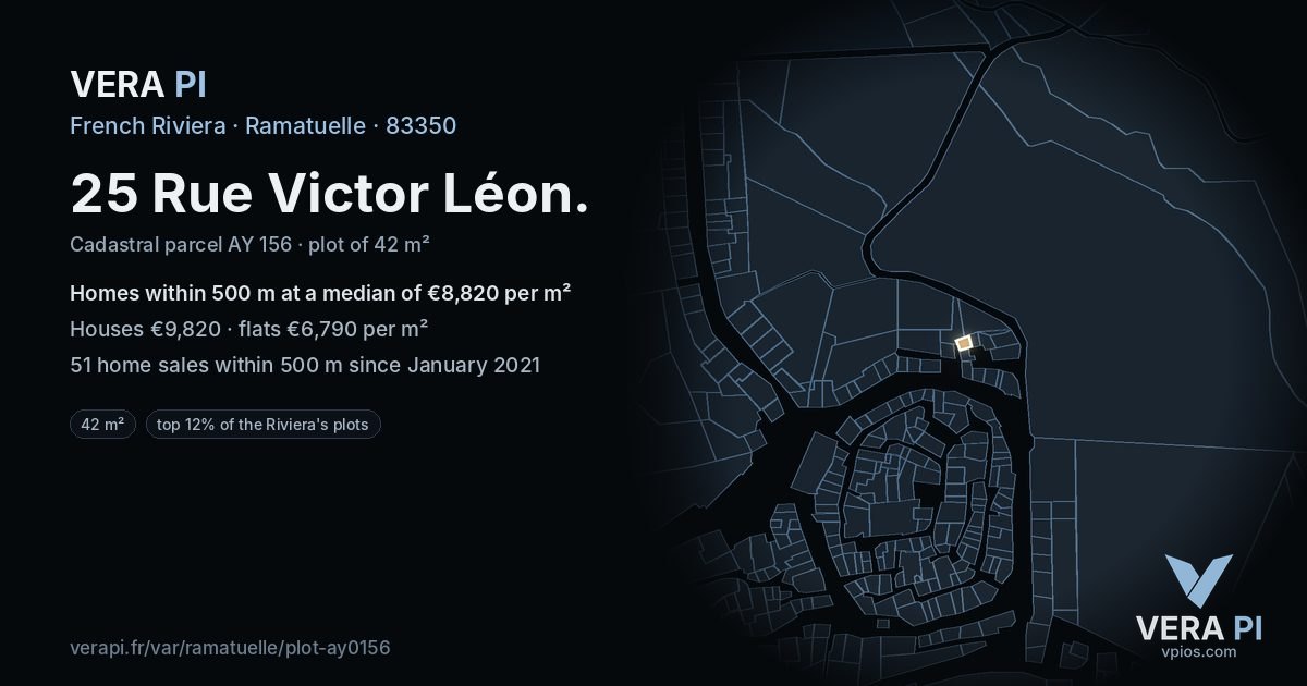 25 Rue Victor Léon, Ramatuelle at night – the plot lit, the parcels around coloured by the prices near them