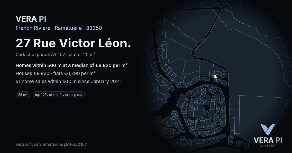 27 Rue Victor Léon, Ramatuelle at night – the plot lit, the parcels around coloured by the prices near them
