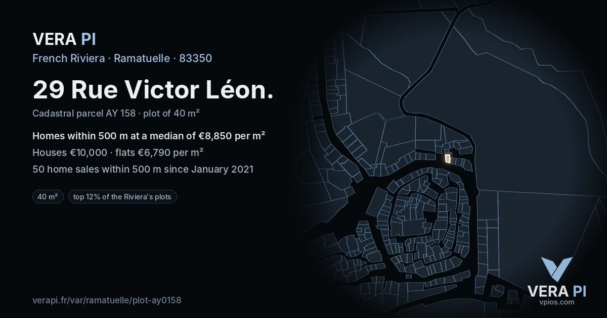 29 Rue Victor Léon, Ramatuelle at night – the plot lit, the parcels around coloured by the prices near them
