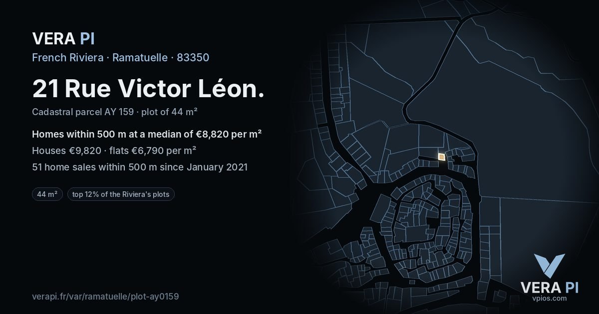 21 Rue Victor Léon, Ramatuelle at night – the plot lit, the parcels around coloured by the prices near them