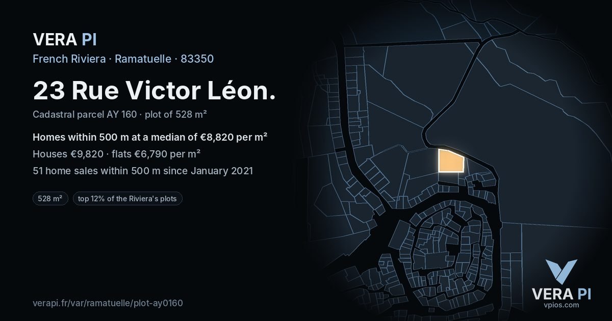 23 Rue Victor Léon, Ramatuelle at night – the plot lit, the parcels around coloured by the prices near them