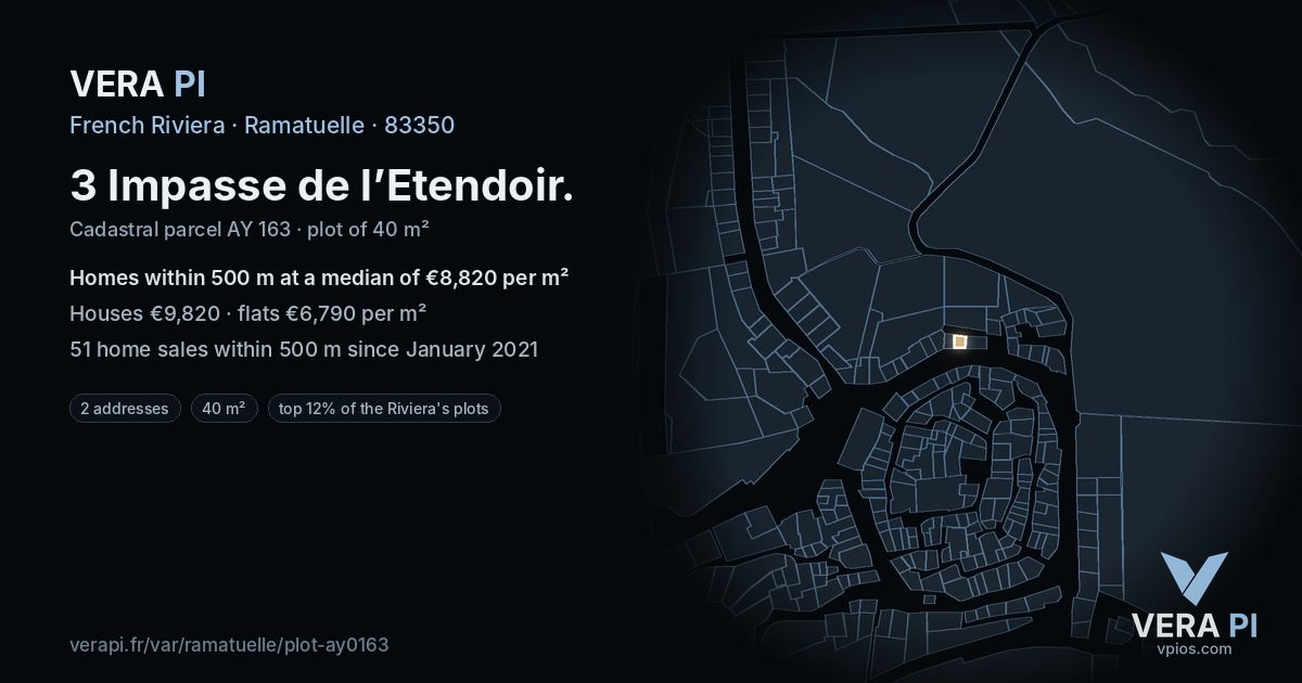 3 Impasse de l’Etendoir, Ramatuelle at night – the plot lit, the parcels around coloured by the prices near them