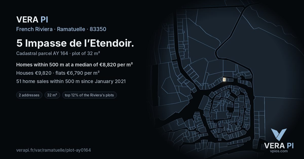 5 Impasse de l’Etendoir, Ramatuelle at night – the plot lit, the parcels around coloured by the prices near them