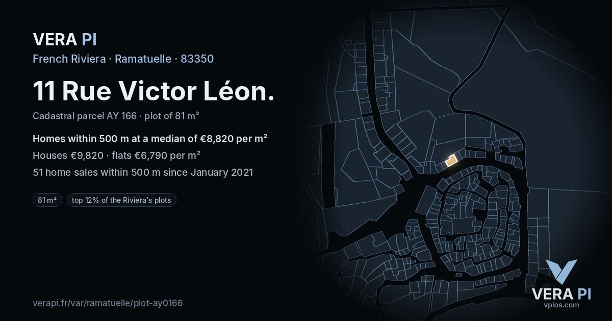 11 Rue Victor Léon, Ramatuelle at night – the plot lit, the parcels around coloured by the prices near them