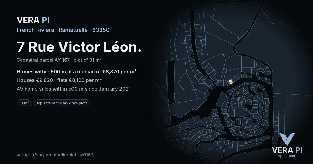 7 Rue Victor Léon, Ramatuelle at night – the plot lit, the parcels around coloured by the prices near them