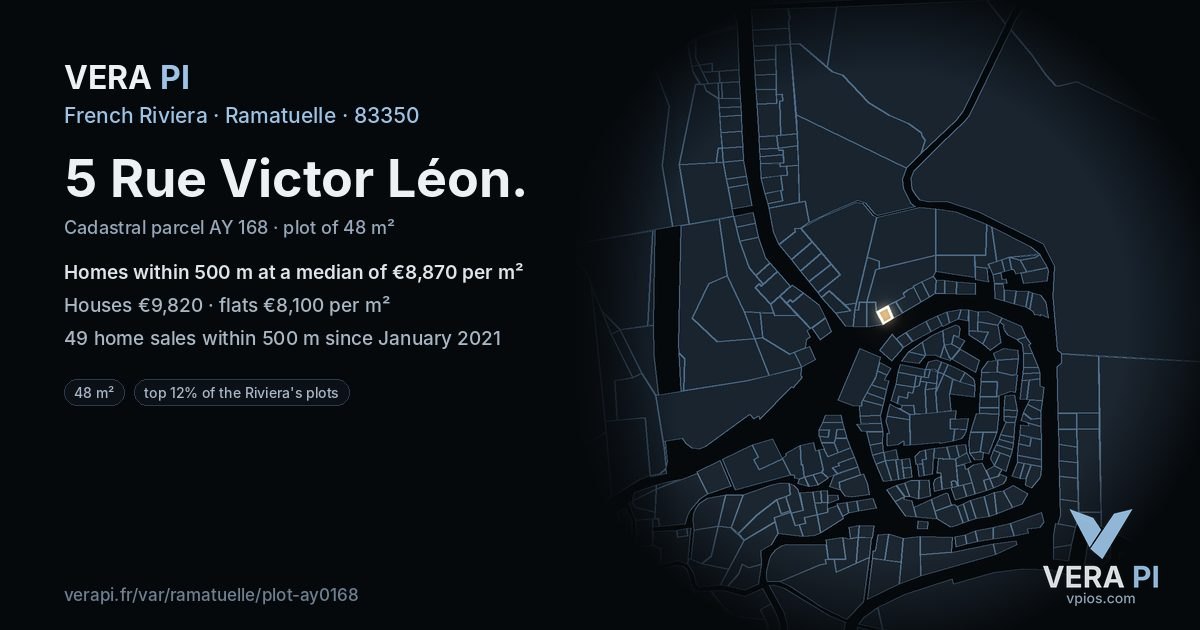 5 Rue Victor Léon, Ramatuelle at night – the plot lit, the parcels around coloured by the prices near them