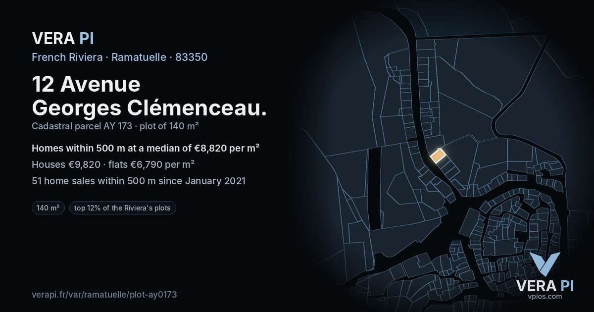 12 Avenue Georges Clémenceau, Ramatuelle at night – the plot lit, the parcels around coloured by the prices near them