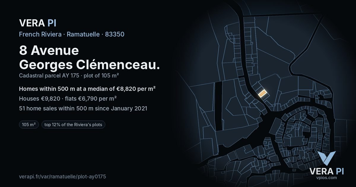 8 Avenue Georges Clémenceau, Ramatuelle at night – the plot lit, the parcels around coloured by the prices near them