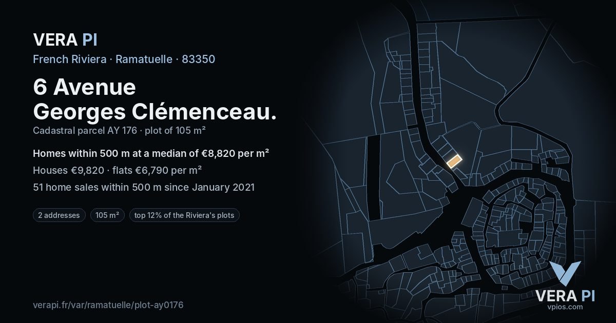 6 Avenue Georges Clémenceau, Ramatuelle at night – the plot lit, the parcels around coloured by the prices near them