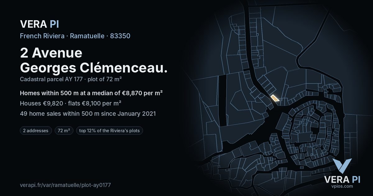 2 Avenue Georges Clémenceau, Ramatuelle at night – the plot lit, the parcels around coloured by the prices near them