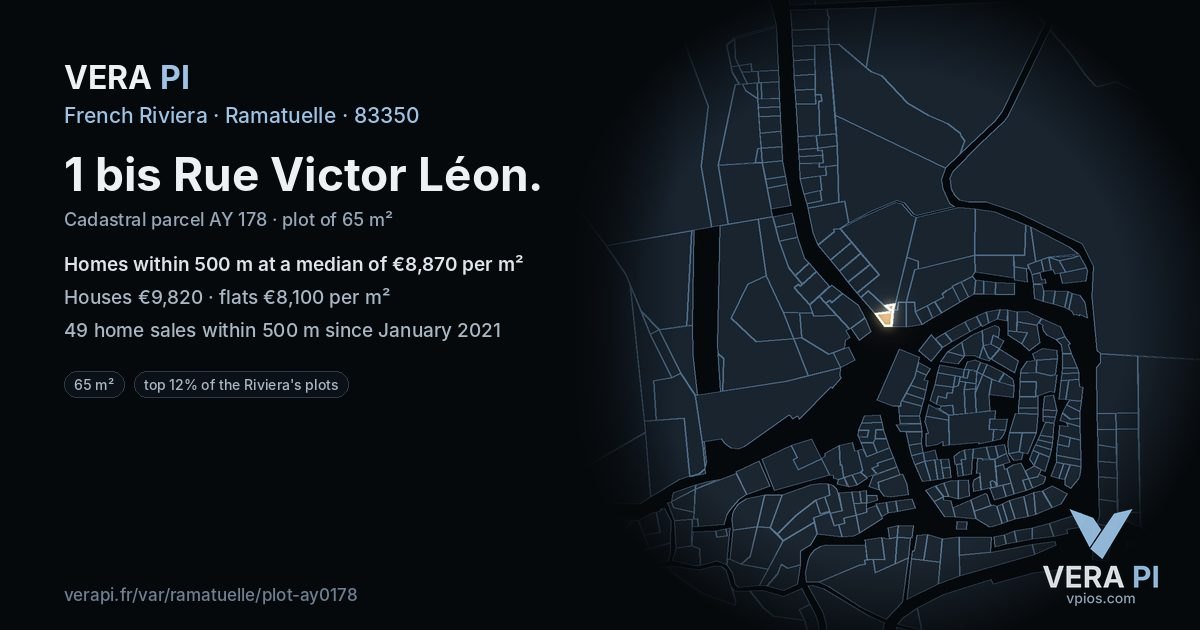 1 bis Rue Victor Léon, Ramatuelle at night – the plot lit, the parcels around coloured by the prices near them