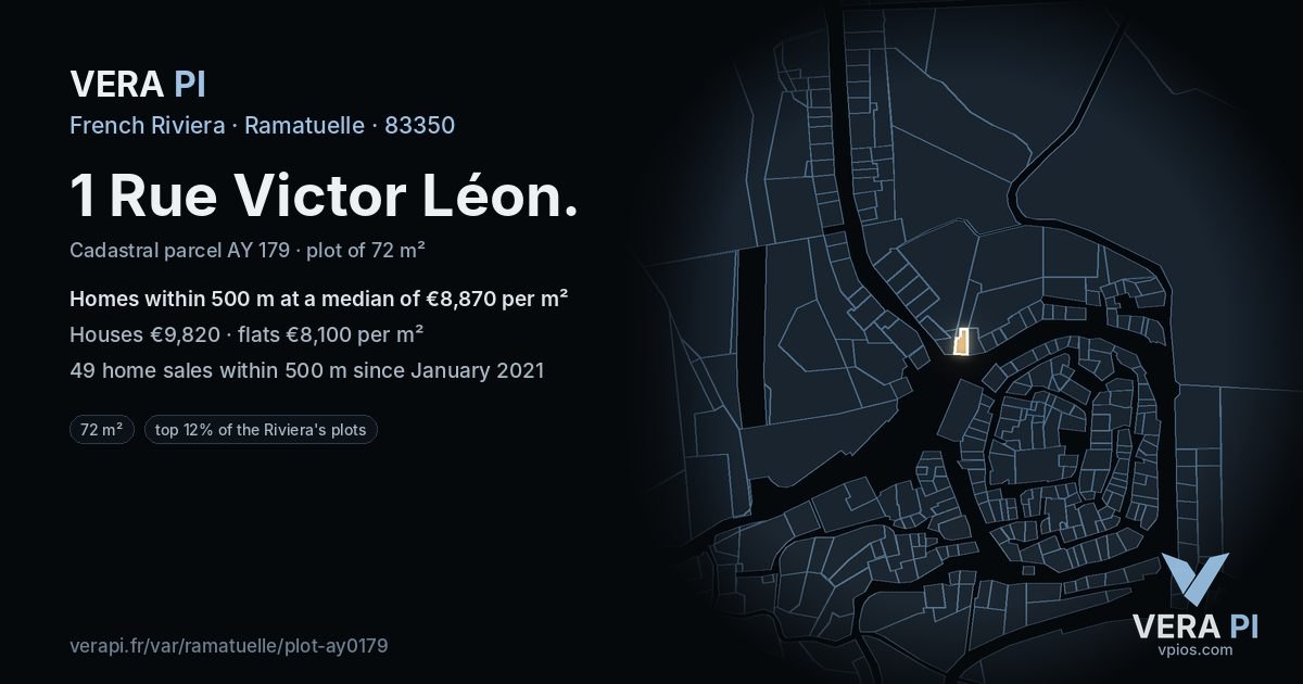 1 Rue Victor Léon, Ramatuelle at night – the plot lit, the parcels around coloured by the prices near them