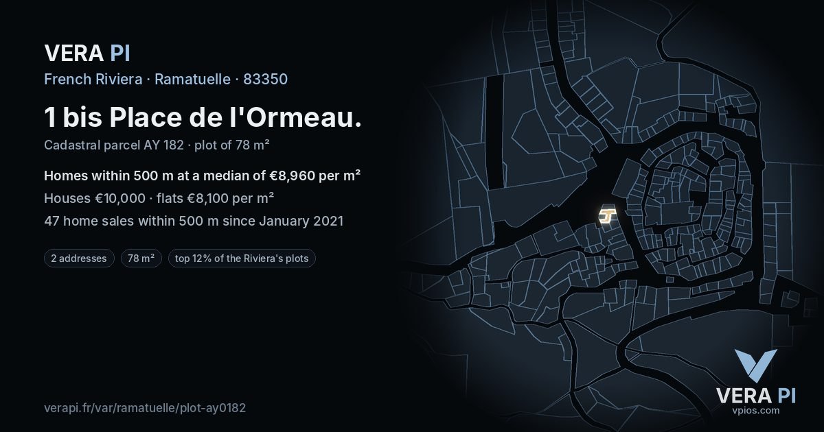 1 bis Place de l'Ormeau, Ramatuelle at night – the plot lit, the parcels around coloured by the prices near them