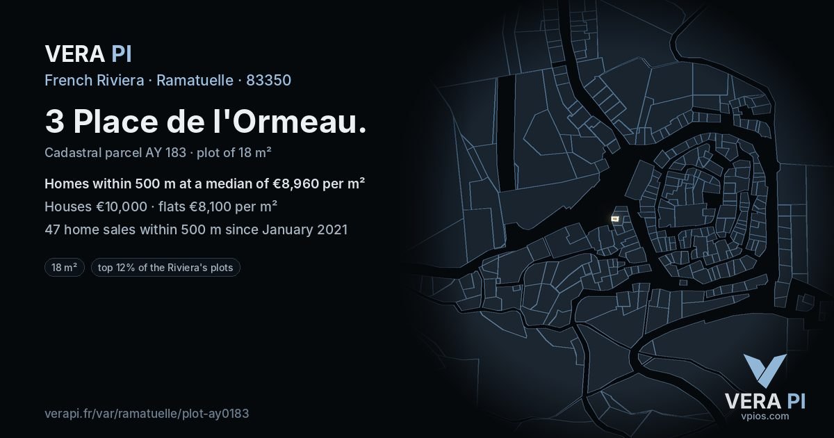 3 Place de l'Ormeau, Ramatuelle at night – the plot lit, the parcels around coloured by the prices near them