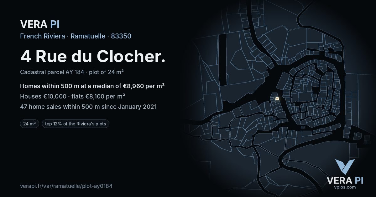 4 Rue du Clocher, Ramatuelle at night – the plot lit, the parcels around coloured by the prices near them