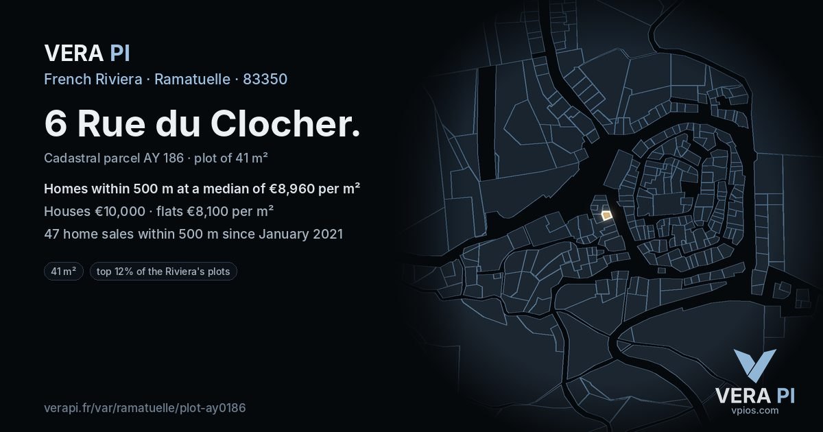 6 Rue du Clocher, Ramatuelle at night – the plot lit, the parcels around coloured by the prices near them