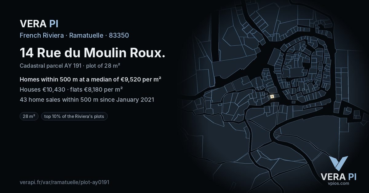 14 Rue du Moulin Roux, Ramatuelle at night – the plot lit, the parcels around coloured by the prices near them