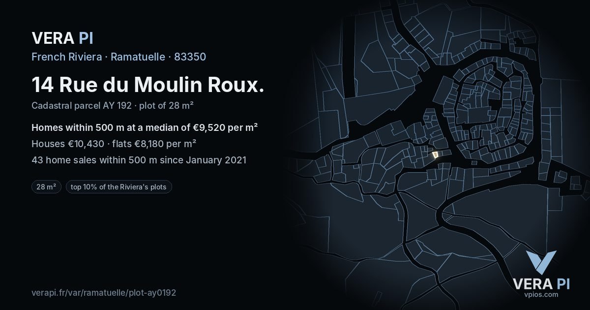 14 Rue du Moulin Roux, Ramatuelle at night – the plot lit, the parcels around coloured by the prices near them