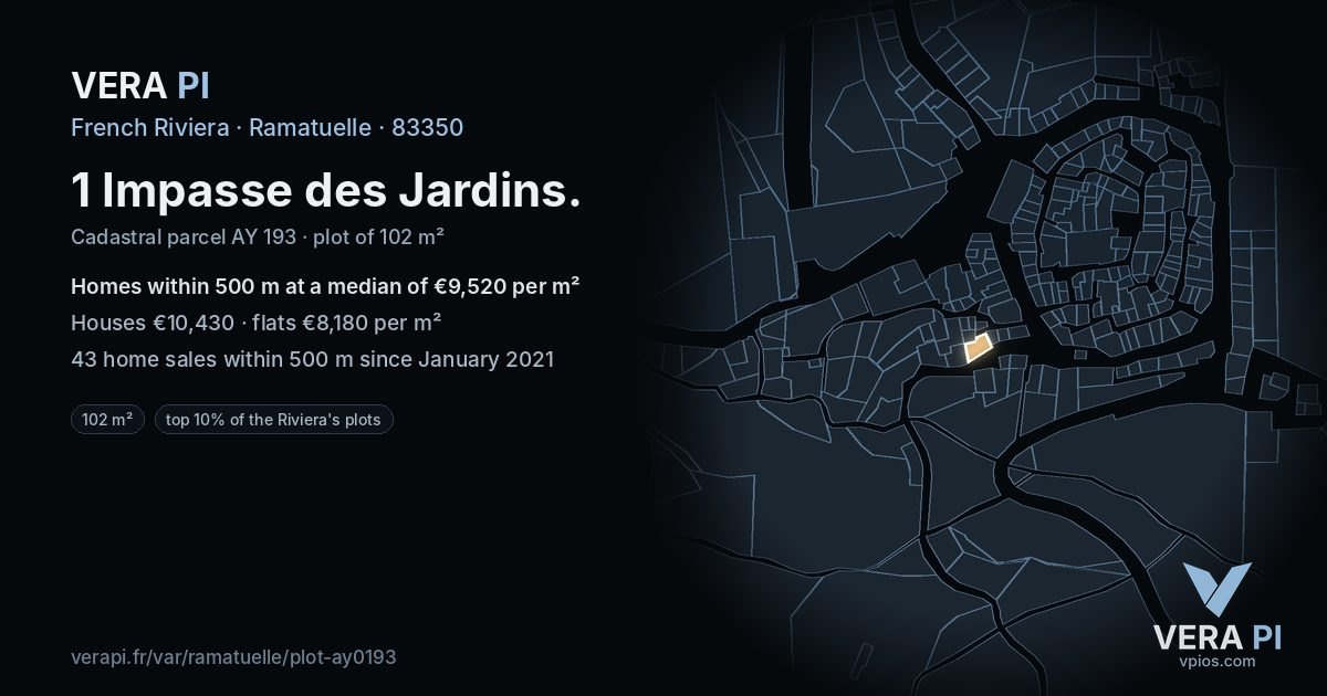 1 Impasse des Jardins, Ramatuelle at night – the plot lit, the parcels around coloured by the prices near them