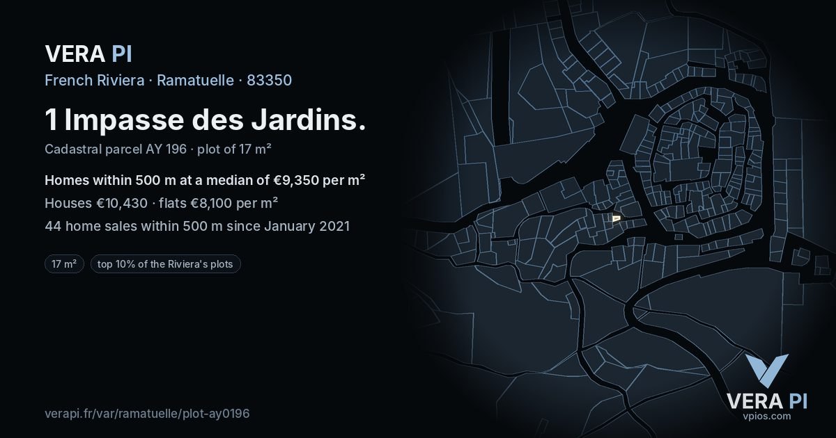 1 Impasse des Jardins, Ramatuelle at night – the plot lit, the parcels around coloured by the prices near them