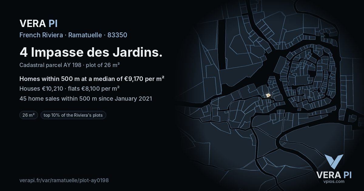 4 Impasse des Jardins, Ramatuelle at night – the plot lit, the parcels around coloured by the prices near them