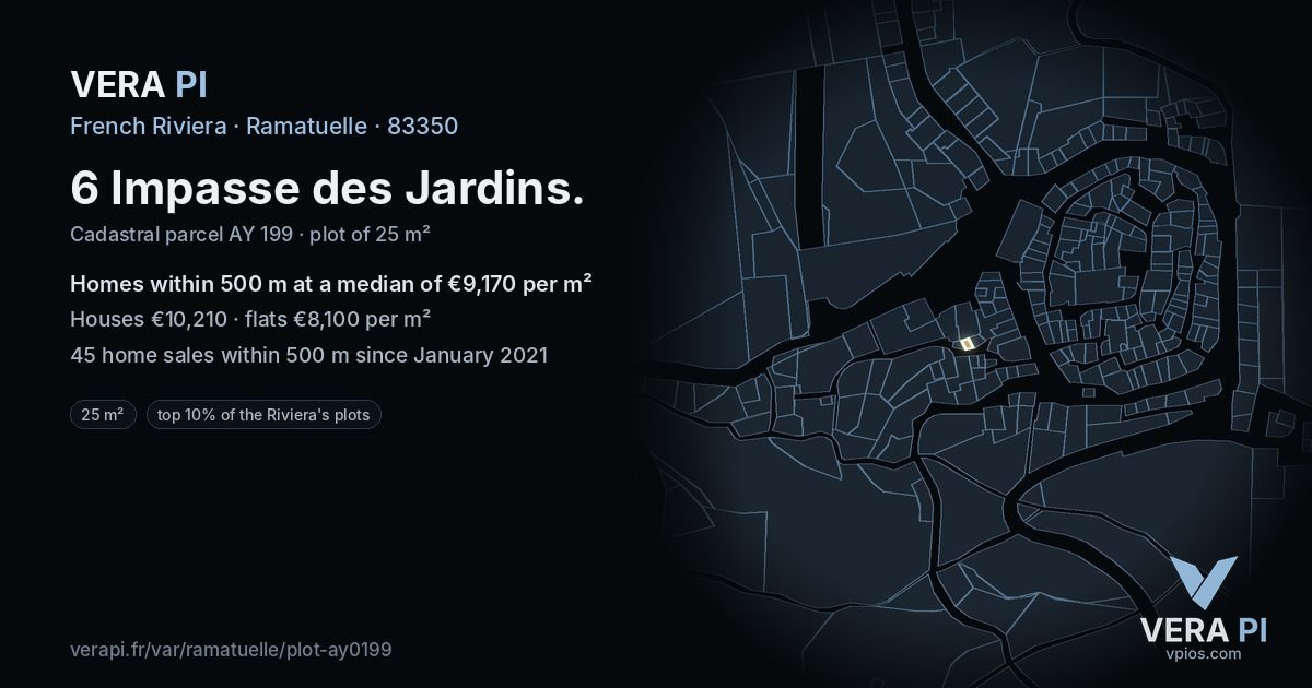 6 Impasse des Jardins, Ramatuelle at night – the plot lit, the parcels around coloured by the prices near them