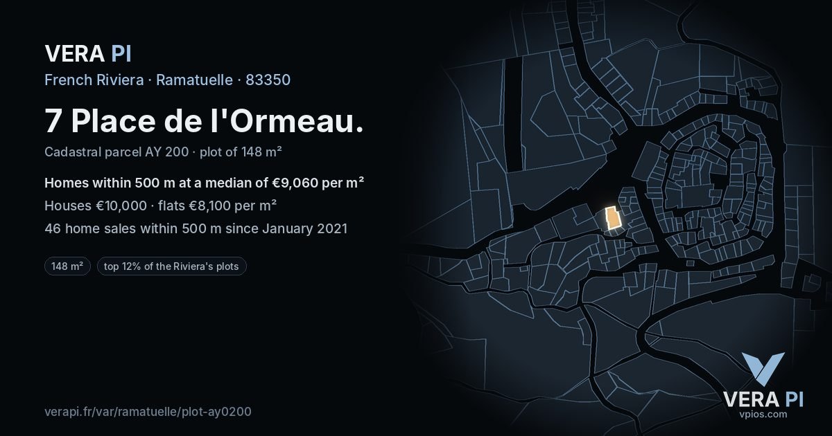 7 Place de l'Ormeau, Ramatuelle at night – the plot lit, the parcels around coloured by the prices near them